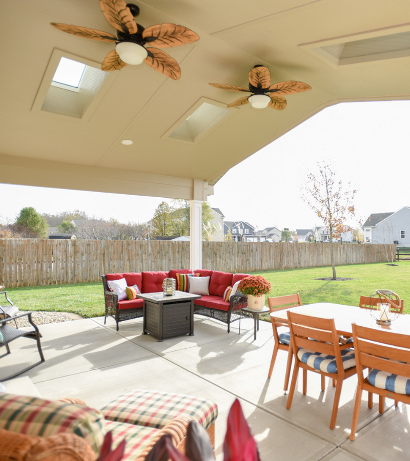 Covered patio with ceiling fans, outdoor seating, and dining area by Build Dayton.